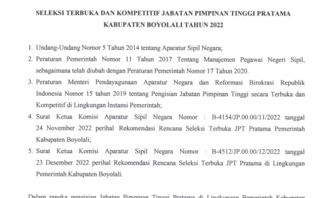 Pengumuman Seleksi Terbuka JPT Pratama Kabupaten Boyolali Tahun 2022